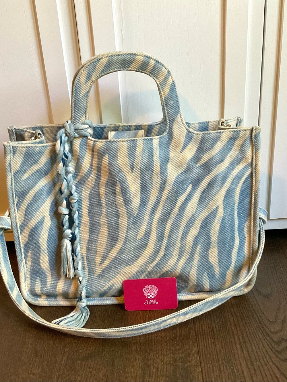Vince Camuto Blue & Cream Zebra-Print Tote with Braided Tassel